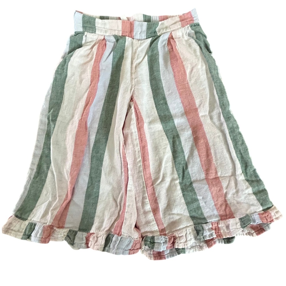 Striped Linen Blend Ruffle Hem Culotte Pants Wide Leg Green Pink Cream Small
